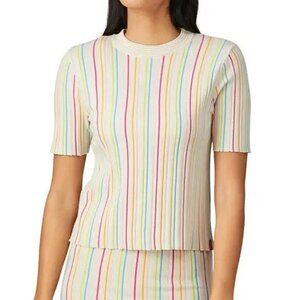 Kule The Jenna Rainbow Stripe rib knit Top Cream Crew Neck MED